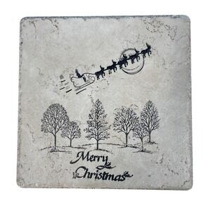 Merry Christmas‎ Santa Sleigh Tumbled Stone Coaster 6x6 Made in Italy Beige